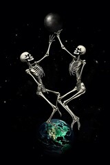 a couple of skeletons flying through the air, holding the earth, dying earth, globes, holding the moon upon a stick, dancing with each other, limbo, floating in the universe, all these worlds are yur