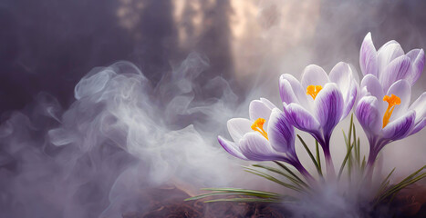 Krokusy, fioletowe kwiaty wiosenne. Abstrakcyjna tapeta. Puste miejsce