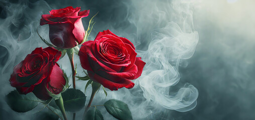 Róże i dym. Piękne czerwone kwiaty. Abstrakcyjna tapeta. Tło kwiatowe. Puste miejsce