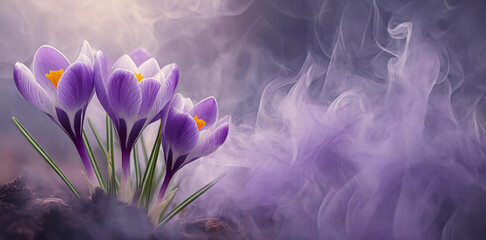 Krokusy, fioletowe kwiaty wiosenne. Abstrakcyjna tapeta. Puste miejsce