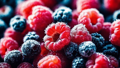 Close-Up of Fresh Berries with Sugar Dusting, the textures and vibrant colors enhanced by soft