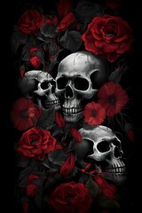 a bunch of skulls and flowers on a black background, skull made of red roses, dark flower pattern wallpaper, skull design for a rock band, intricate detailed digital art, scary detailed art in colo,