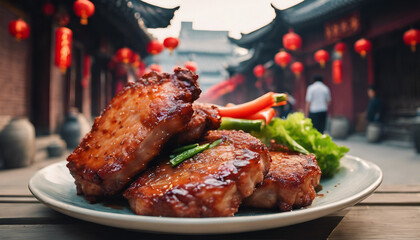 Crispy Peking Pork Chops, with a historic Beijing alleyway, hutong, blurred in the background