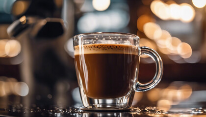 Cup of Espresso with Crema, focusing on the bubbles and rich color, with a cafÃ© setting softly  - obrazy, fototapety, plakaty