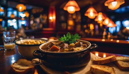 Dublin Irish Stew, hearty and warming, against the backdrop of a cozy and vibrant Irish pub - obrazy, fototapety, plakaty