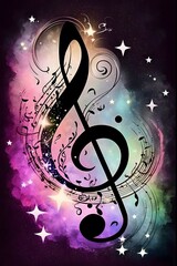 a treble with musical notes and stars in the background, a tattoo, by Anne Dunn, funk art, telegram sticker, beautiful image, beautiful dreamy breathtaking, pleasing tone colours, ebay website, autor