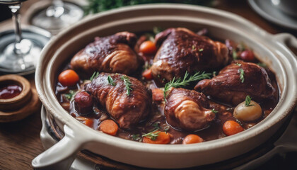  Elegant French Coq au Vin, in a classic ceramic dish, with the soft-focus ambiance of a chic 