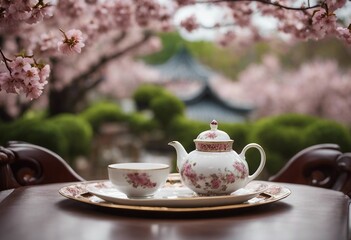 Elegant Tea House, with delicate porcelain and a backdrop of a blooming cherry blossom garden