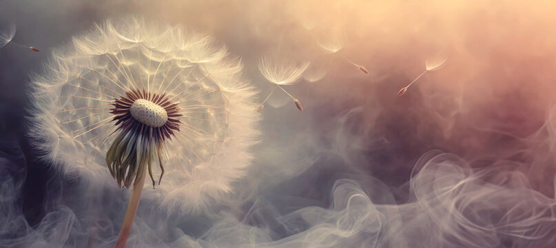 Fototapeta Piękny makro kwiat dmuchawiec w dymie. Puste miejsce