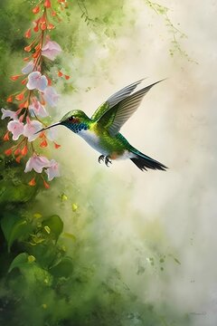 a painting of a hummingbird flying in the air, a detailed painting, by Tan Ting-pho, youtube thumbnail, background lush vegetation, photorealistic brush strokes, images on the sales website, full iag