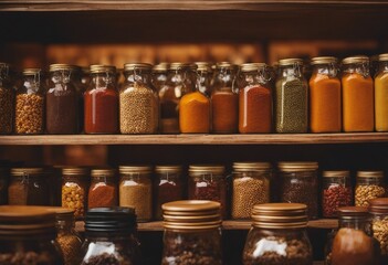 Exotic Spice Shop, jars of colorful spices with the warm hues of a distant marketplace