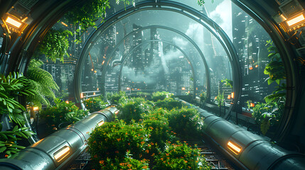 A futuristic greenhouse with genetically modified plants and city skyline.