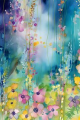 a painting of a bunch of flowers in a field, a watercolor painting, by Annabel Kidston, shutterstock contest winner, lyrical abstraction, fairytale forest, flowing aqua silk, buttercups, beautiful ig