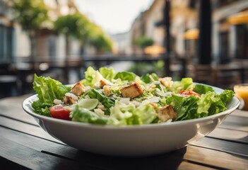 Fresh Caesar Salad, crisp and refreshing, with the soft-focus of a chic cafÃ© terrace - obrazy, fototapety, plakaty