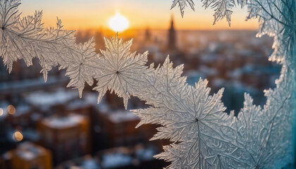 Frost Patterns on a Window, intricate ice crystals, with the sunrise or cityscape