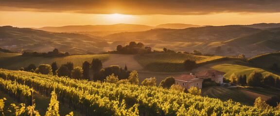 Golden Hour Over Rolling Hills and Vineyards, the landscape bathed in a warm, golden light