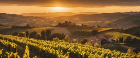 Fototapete Rund Golden Hour Over Rolling Hills and Vineyards, the landscape bathed in a warm, golden light © vanAmsen