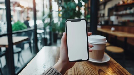 Blank white screen image cellphone mockup. woman's hand holding a mobile phone at the table in a coffee shop.