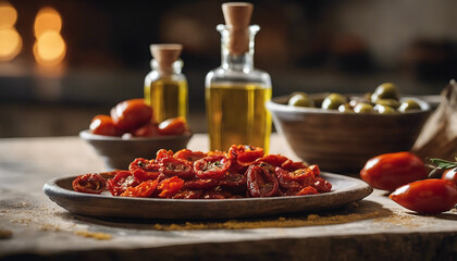 Gourmet Dried Tomato and Olive Oil Arrangement, set on an aged Mediterranean kitchen counter 