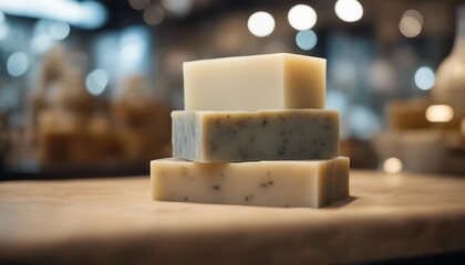 Handcrafted Soap Bar, on a natural stone dish, with the blurred tranquility of a boutique soap