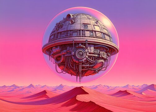 A large, intricately detailed spherical structure floating above undulating pink sand dunes under a pink-hued alien landscape. A celestial bodies are visible in the sky. Illustration by Generative AI.
