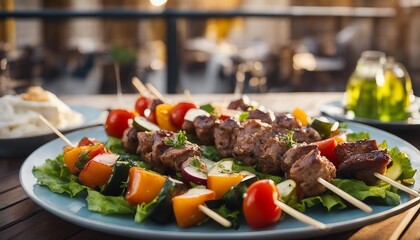  Juicy Lamb Kebabs, with grilled vegetables, over an out-of-focus backdrop of an open-air...
