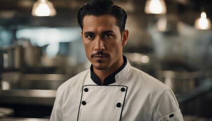 Fototapeta premium Latinx male chef, early 30s, with slicked-back hair, in a sharp chef's jacket, with the kitchen's