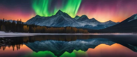 Selbstklebende Fototapete Reflection Luminous Aurora Borealis, over a tranquil mountain lake, reflecting the dance of colors