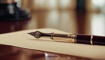 Luxurious Fountain Pen, on a mahogany desktop, with a soft-focus backdrop of an executive office