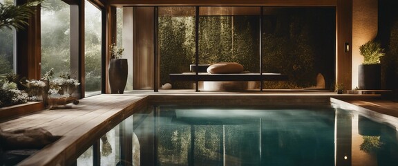 Luxury Spa Retreat, with serene water features and a harmonious balance of earthy tones