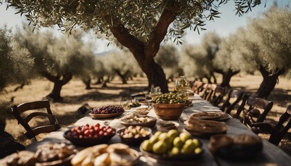  Mediterranean Olive Grove Luncheon, a rustic outdoor table laden with olive oil-drenched delicacies