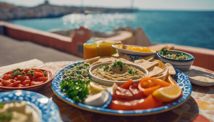 Mediterranean Mezze Platter, a spread of hummus, tabbouleh, and pita bread arranged on a colorful