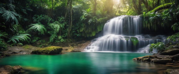 Majestic Waterfall in a Rainforest, the HDR enhancing the contrast between the cascading water 