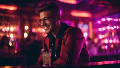 Mixologist with a Confident Smile, neon lights from the bar illuminating their face in a trendy