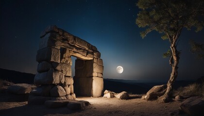 Moonlit , ancient stones set against a backdrop of a starry belt, suggesting a portal to another - Powered by Adobe