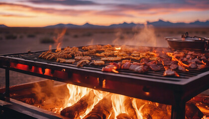 Mongolian BBQ Grill, meats sizzling, set against the expansive Gobi desert at twilight
