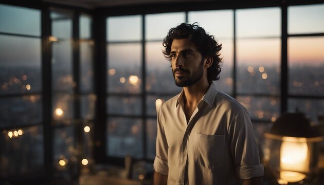 Middle Eastern male artist, late 30s, with wavy dark hair, in a casual shirt, his studioâs large