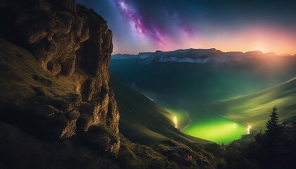 Quantum Quasar Cliff, overlooking a valley where the aurora seems to originate from a quasar