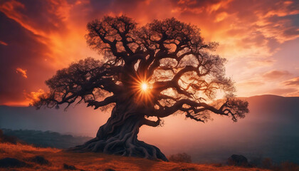 Radiant Sunset behind an Ancient Tree with Twisted Roots, the tree's silhouette dramatic against 