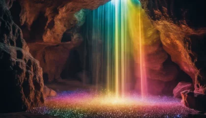 Stof per meter Radiant Sunbeam Through a Crystal Chandelier Cave, creating a cascade of rainbow light © vanAmsen