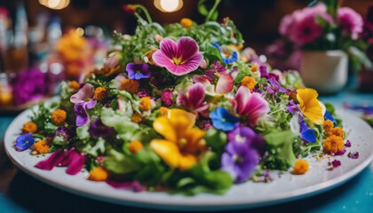 Rainbow Vegan Salad, with edible flowers, set against the chic interior of a health-focused