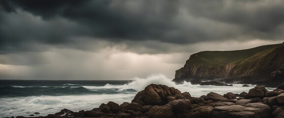 Rugged Coastal Cliffs, the powerful ocean waves crashing against the cliffs under a dramatic stormy