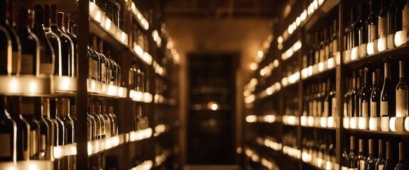 Sophisticated Wine Cellar, rows of aged wine bottles softly illuminated by vintage 