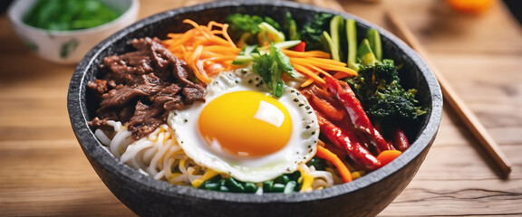 Spicy Korean bibimbap in a hot stone bowl, vibrant with mixed vegetables, beef, and a sunny side up 
