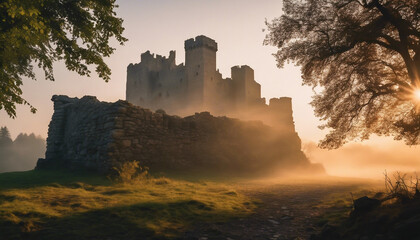 Obraz premium Sunrise over a Mist-Enshrouded Castle Ruin, with the warm light casting long shadows and bringing