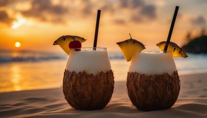  Sunset Cocktail Hour on a Tropical Beach, refreshing pinna coladas served in coconut shells against - obrazy, fototapety, plakaty