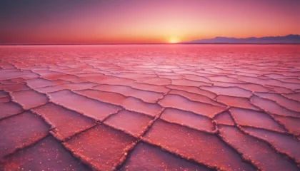 Gordijnen Sunrise over a vast salt flat, the sky a gradient of orange and pink hues, the ground glistening © vanAmsen