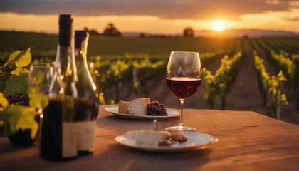  Sunset Vineyard Wine Tasting, an elegant wine tasting scene set in a vineyard during a golden sunset © vanAmsen