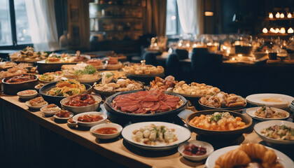 Swedish Smorgasbord, an array of traditional dishes, set against the minimalist and stylish 