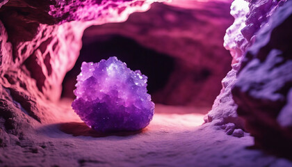 Twinkling Amethyst Geode, with a soft light casting purples and pinks onto the surrounding cave